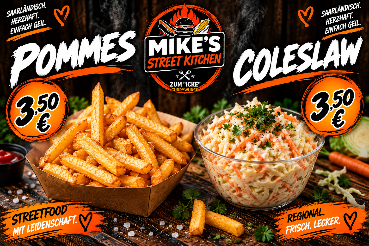 Pommes und Coleslaw – jeweils 3,50 Euro